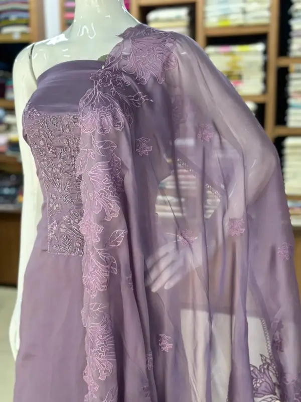 Unstitched Handworked Shimmer Viscose Organza Salwar Set - Image 9