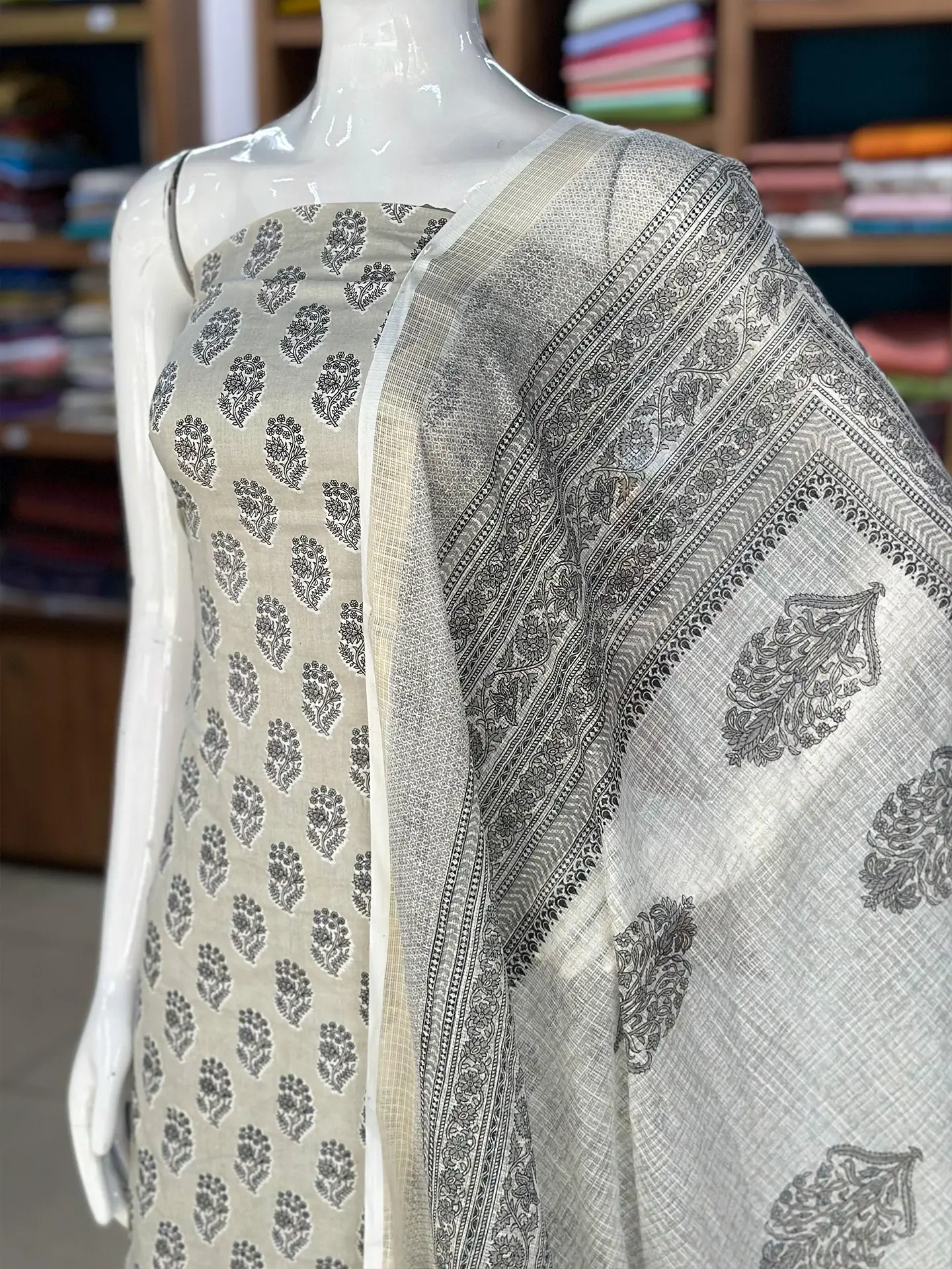 Block Printed Cotton Suit Set with Kota Doria Dupatta - Image 2