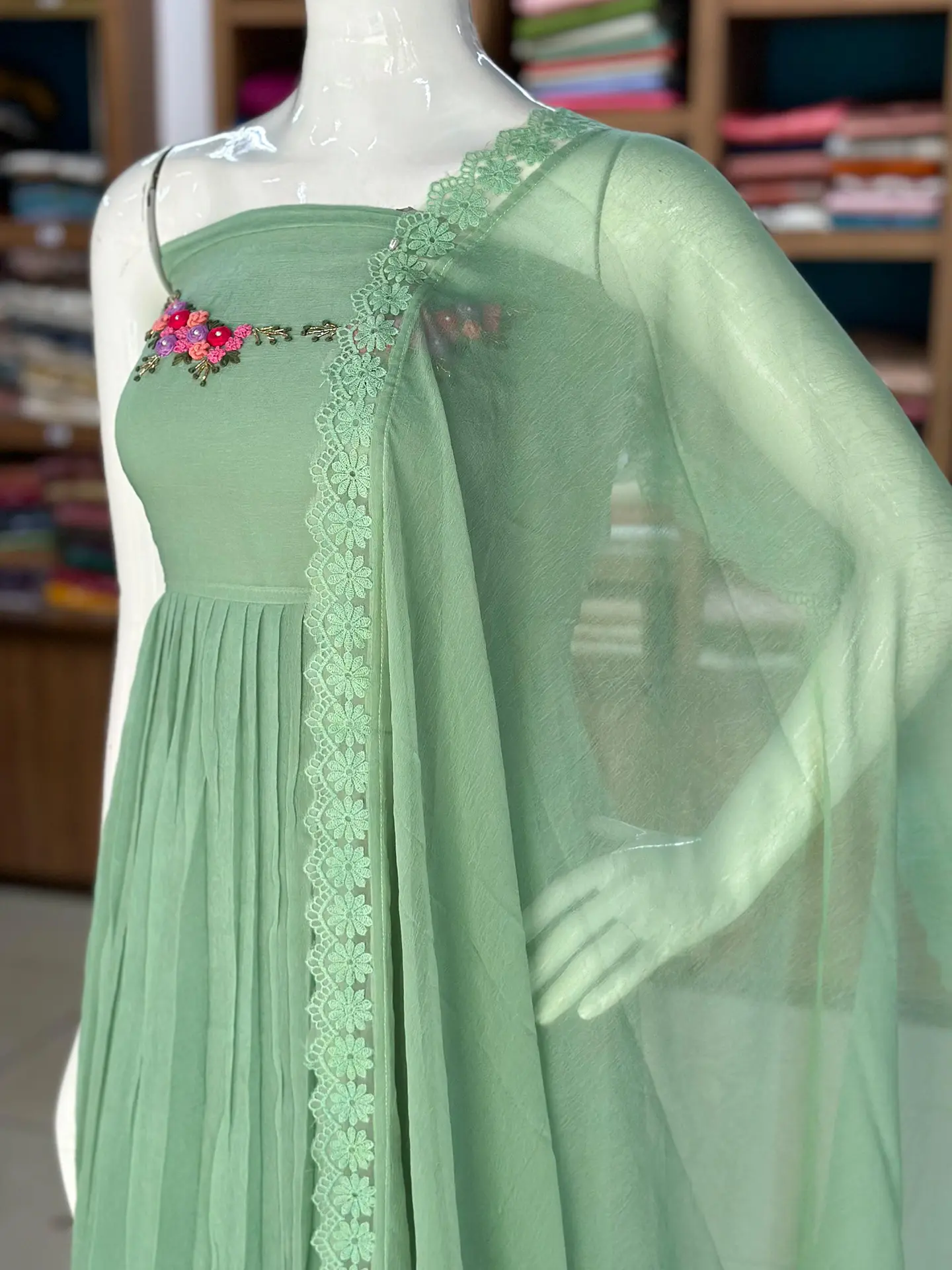 Crush Organza Suit Set with Floral Handwork - Image 2