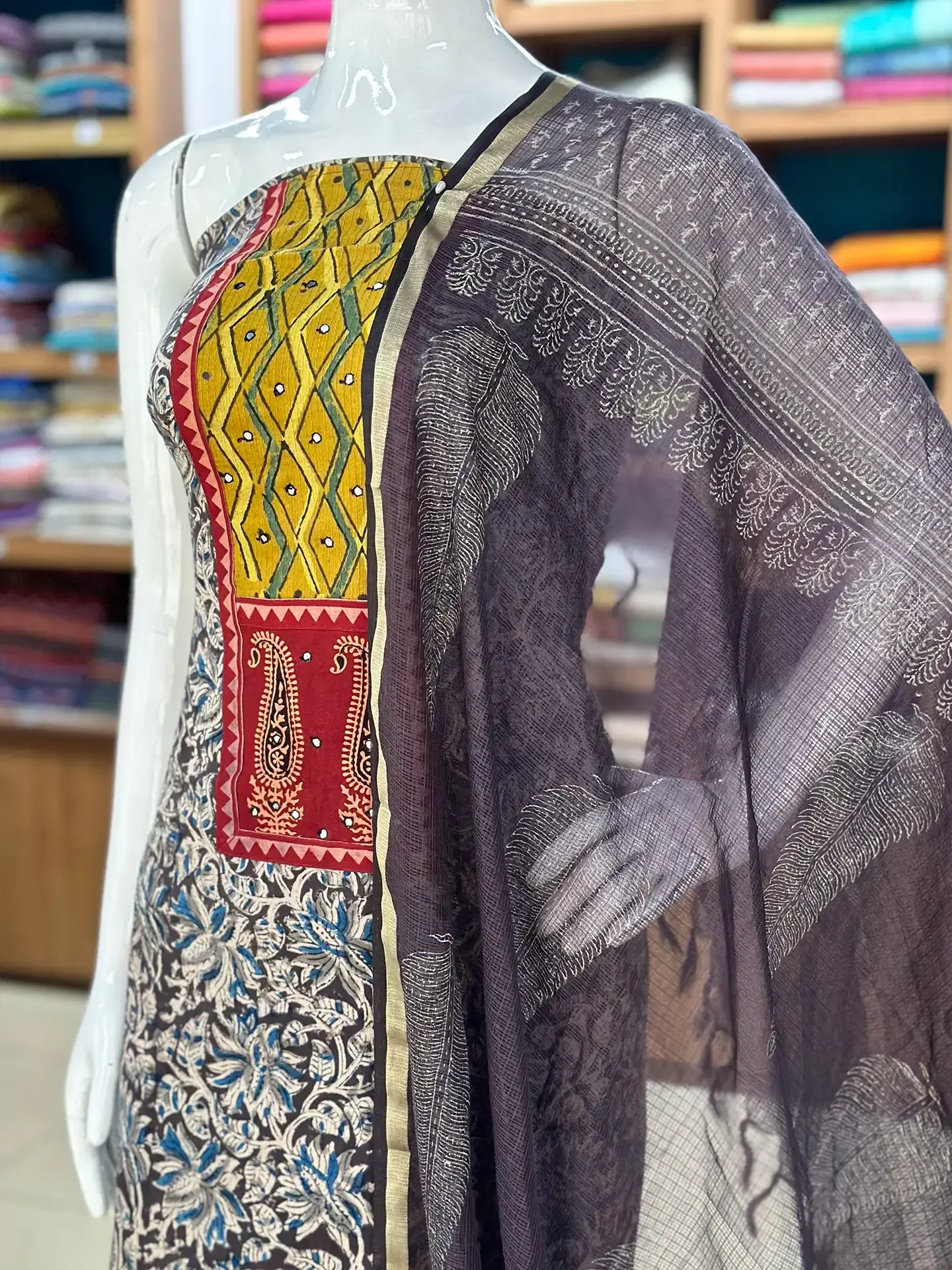 Kalamkari Cotton Suit Set with Ajrakh Patch Yoke - Image 2
