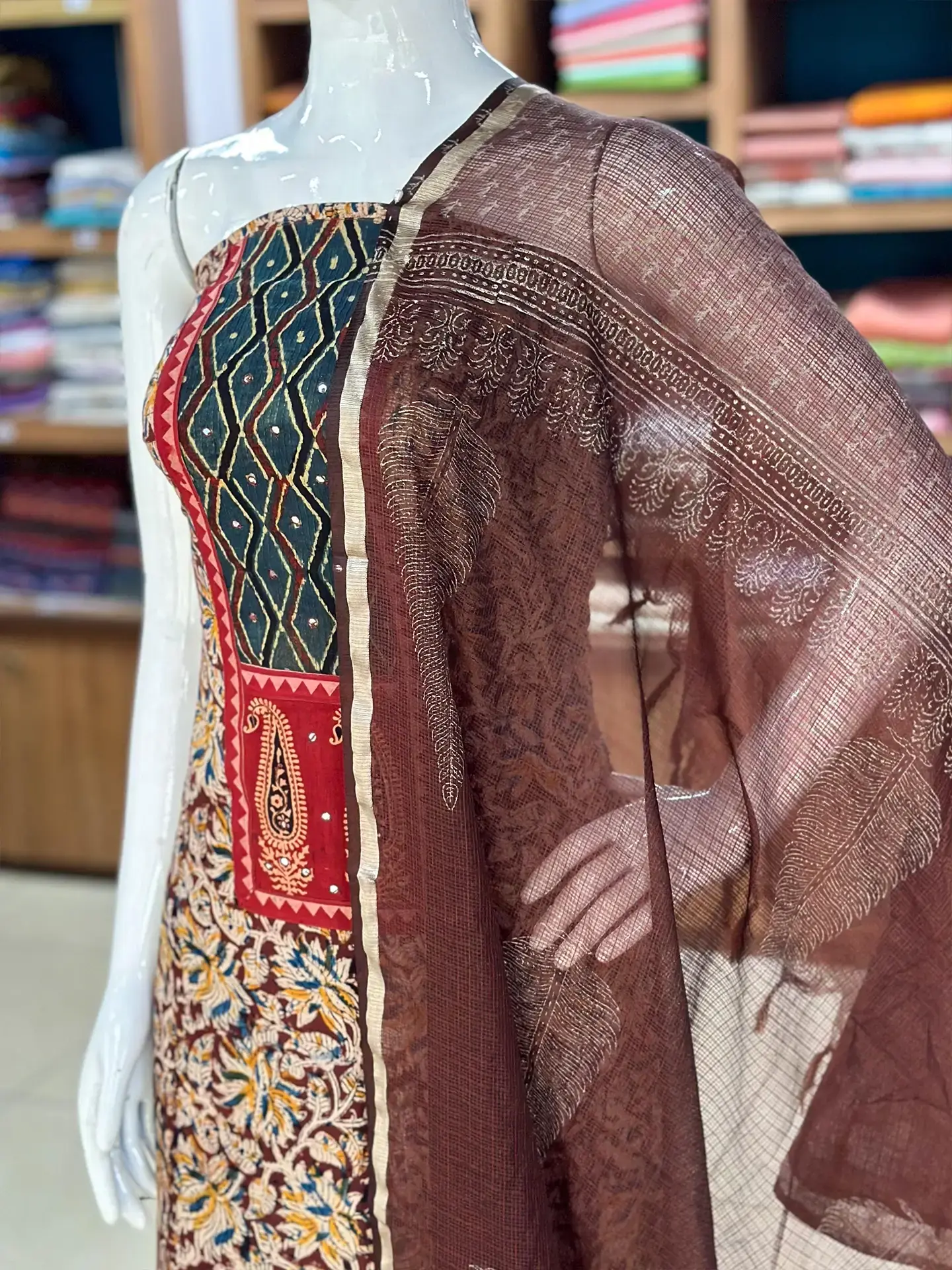 Kalamkari Cotton Suit Set with Ajrakh Patch Yoke - Image 8