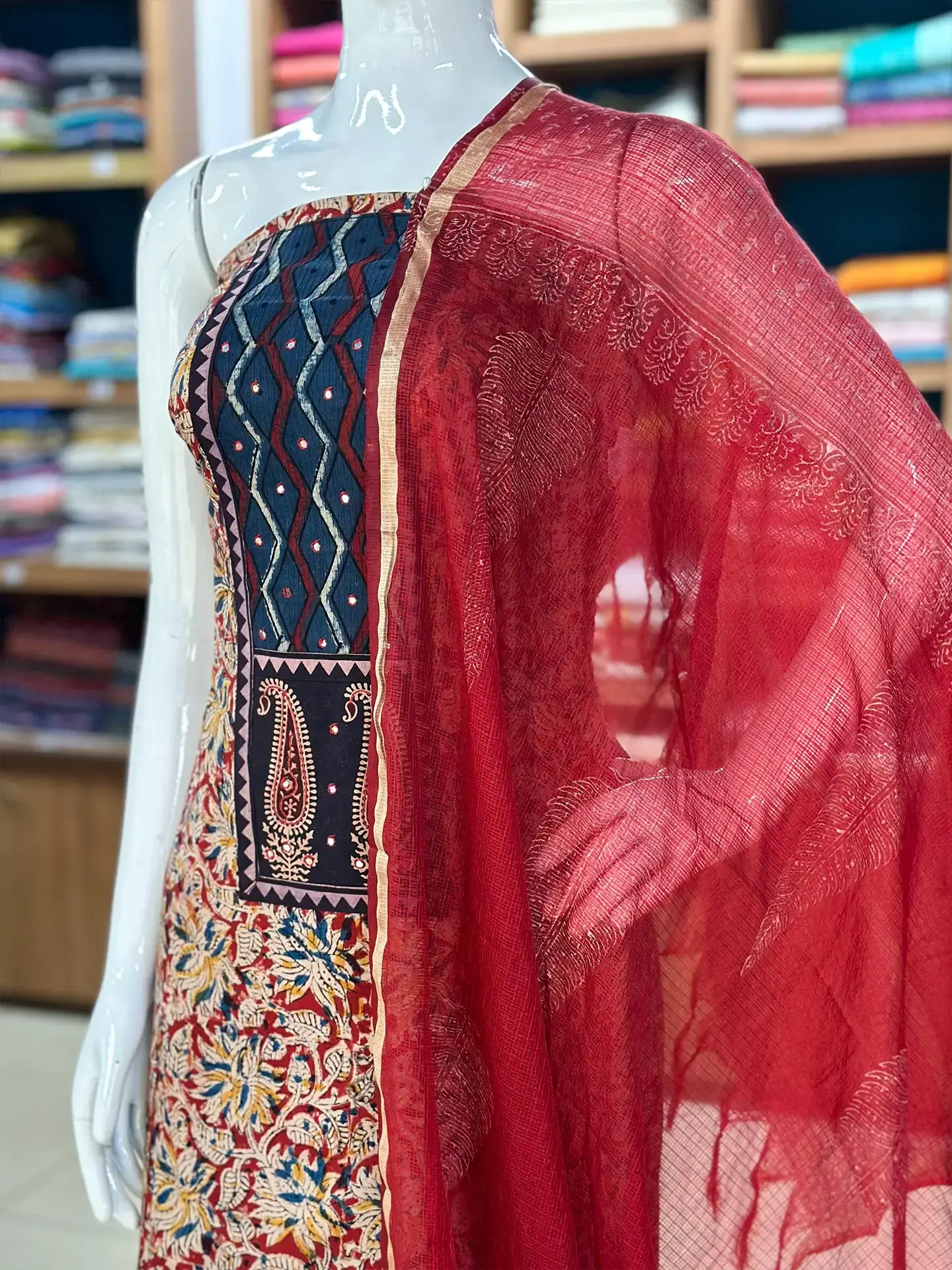 Kalamkari Cotton Suit Set with Ajrakh Patch Yoke - Image 6