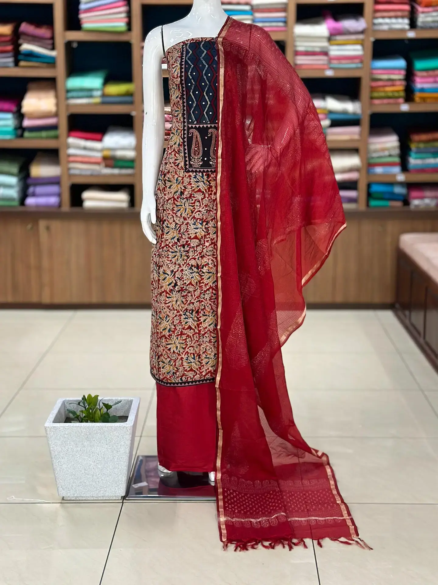 Kalamkari Cotton Suit Set with Ajrakh Patch Yoke - Image 5