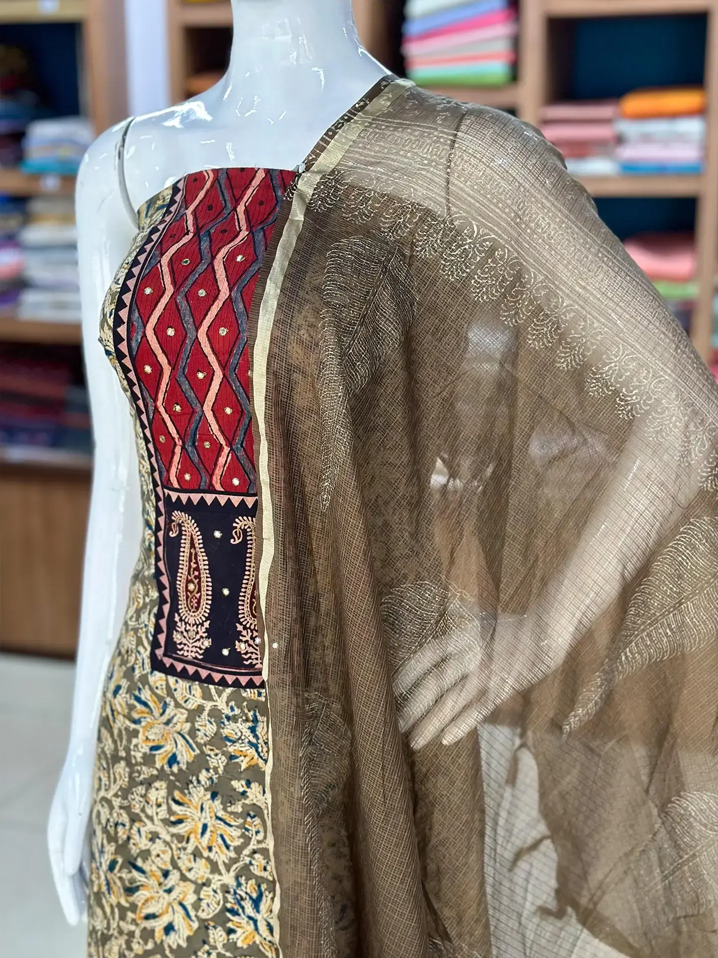 Kalamkari Cotton Suit Set with Ajrakh Patch Yoke - Image 4