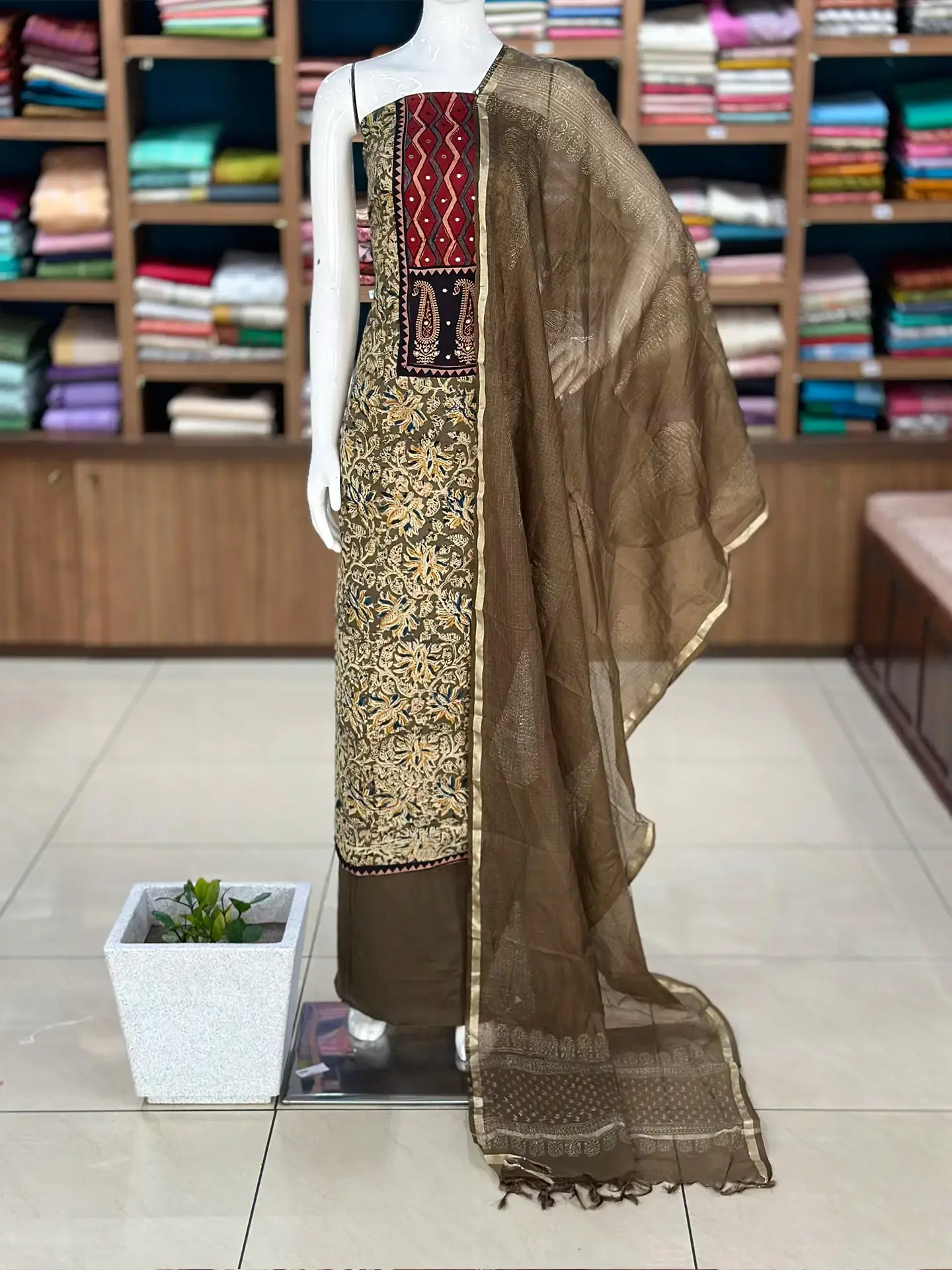 Kalamkari Cotton Suit Set with Ajrakh Patch Yoke - Image 3